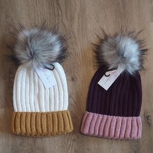NEW Set of 2 Women's True Love Knit Beanie Pom Pom Ski Hats Caps